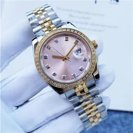 luxe horloge goud diamant bezel 36mm vrouw horloges mechanische horloges saffier roze wijzerplaat two-tone roestvrij staal wristband233G