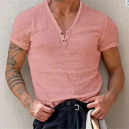 Camisetas masculinas Fitness T-shirt Esportes Casual Verão Algodão Absorvente de Suor Sólido Decote em V Profundo Top Man Clothing Botões de Manga Curta