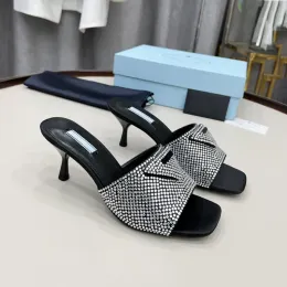 Luxury designer crystal satin crystal slippers women's mule slippers 6cm high heels brand sandals flat rubber sole slippers casual fashion party women's shoes