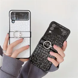 Lyx krokodilmönster läder vogue telefonfodral för samsung galax folding z flip3 flip4 5g finger ringhållare alligator korn vikskal med gångjärnsskydd