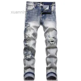 Aimirs Jeans with Stars Men Regular Fit Pencil Pants Embroidery Letter Zipper Fly Black Biker Denim Ripped SLFN