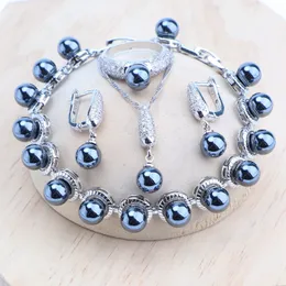 Bröllopsmycken uppsättningar 925 Silver Bridal Black Pearls Natural White CZ Ring Armband Earrings Pendants Halsband Set Women 230729