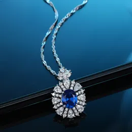 Europeiska och amerikanska S925 Sterling Silver Necklace Oval Sapphire Pendant Full Diamond Collone Chain High-End Party Jewelry