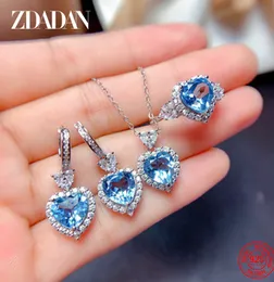 Bröllopsmycken set Zdadan 925 Sterling Silver Heart Aquamarine Crystal Set for Women Halsbandörhängen Ring Fashion Party Gift 230729