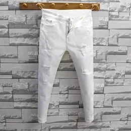 Jeans pour hommes mode Streetwear luxe blanc pour hommes Style coréen coupe ajustée coton pantalon avec trous en détresse Stretch décontracté