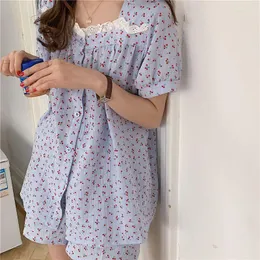 Women's Sleepwear Cherry Women Pajamas Shorts Set Korean Summer Lace Pijama Short Sleeve Loungewear Underwear Pyjamas 2 Piece Night Wear
