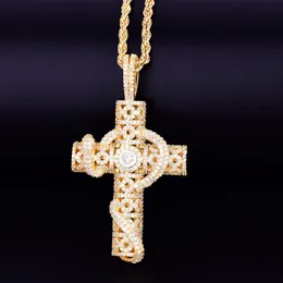 Men's Animal Snake Cross Pendant Necklace with Rope Chain Gold Color Bling Cubic Zirconia Hip hop Rock Jewelry291E