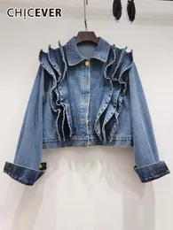 Womens Jackets CHICEVER Patchwork Ruffles Jackets For Women Lapel Long Sleeve Spliced Single Breasted Vintage Fold Loose Denim Coats Female 230729