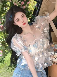 Women's Blouses Sweet Floral Off Shoulder Youth Elegant Women Designer Princess Beautiful Cute Clothes Crop Top 2023