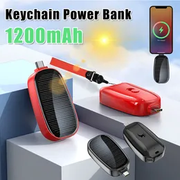 1200mAh Portable Solar Power Bank Charger Solar Neychain Mini Power Bank Outdoor Camping för iOS Typ C Port Emergency PowerBank