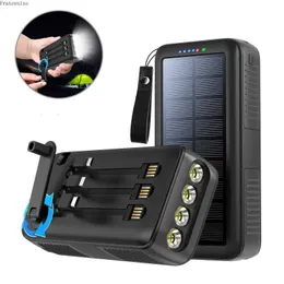 Mobiltelefone Banken Solar Power Bank 60000mah tragbares Quick Solar Ladegerät externe Akku eingebaute Kabel Taschenlampe Outdoor Hand Shake Power L230728