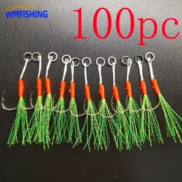 Fiskekrokar 100pcslot Assist Hook Lure Fish Cast Jigs Barbed Single Jig Thread Feather Pesca Carbon Steel Peche Slow Jigging 230729