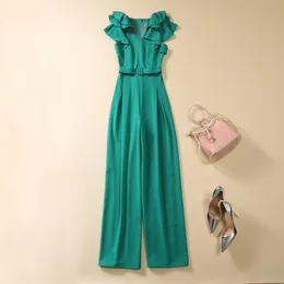 2023 Autumn Green Solid Color Belted Jumpsuits Sleeveless V-Neck Ruffled Long Maxi Rompers A3Q191341