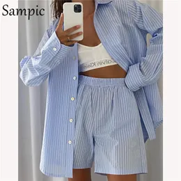 Women's Two Piece Pants Sampic Loung Wear Tracksuit Women Shorts Set Stripe Long Sleeve Shirt Tops And Waist Loose High Mini Shorts Two Piece Sets 230729