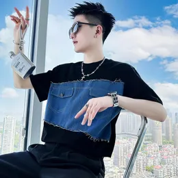 Męskie koszule 2023 Fine Fashion swobodna wersja koreańska zszywanie wszystkiego Przystojnego faceta towarzyskiego męskiego Tide za okrągła szyja koszulka krótkie rękaw