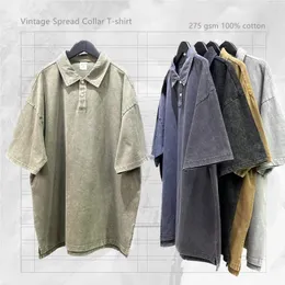 Men's T Shirts Vintage Spread Collar T-Shirt Side Slits Relaxed Fit Raglan Tee 275 GSM Cotton Tops