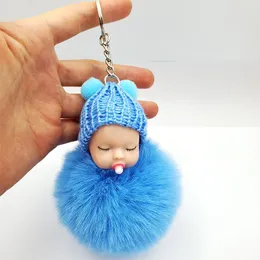 Keychains Cute Sleeping Baby Fluffy Pompom Plush Doll Hanging Pendant Key Ring Keychain Keychai