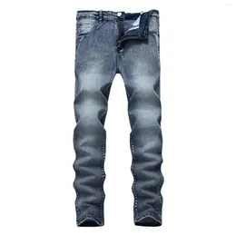 メンズジーンズシンプルなトレンドストレッチスリムペンシルパンツ高品質のダークソリッドカラーミッドウアストレトロズボンの男性のためのズボン