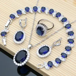Bröllopsmycken set Blue Sapphire 925 Silver Jewellry Natural Gemstone Fine Armband Halsband Drop 230729