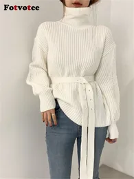 Women's Sweaters Fotvotee Knitted Belt Sweater Women Autumn Winter 2023 Turtleneck Long Sleeve Slim Jumpers Vintage Casual Solid Pullover 230729
