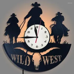 Relojes de pared Retro Art Record Clock Western Remote Control LED Cowboy decoración del hogar regalo