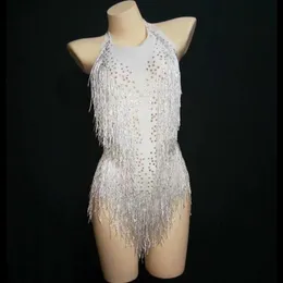 Sahne Giyim Sparkly Rhinestones Beyaz Tassel Bodysuit Kadın Seksi Kulüp Kıyafet Saçak Dans Kostümü Tek Parçalı Şov Şarkıcı Leotard287Q