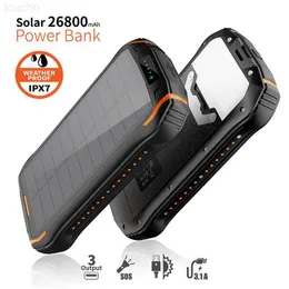 Mobiltelefon Power Banks 26800mAh Solar Power Bank Qi Wireless Charger Poverbank Waterproof Travel Powerbank för iPhone 14 Samsung S22 Bateria med Light L230728