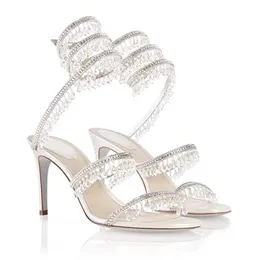 Rene Caovilla Margot Crystal Lamp Sandals 7,5 cm wąż strass szpilki szpilki luksusowe luksusowe projektanci kostki buty wieczorowe Factory Factory Buty