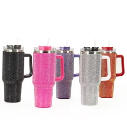 Tumblers 40oz diamant rostfritt stål muggar bling tumbler med handtag lock och halm termos flaskan caixa termica gåva till sin 230729