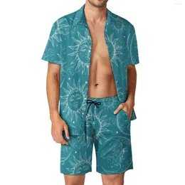 Men's Tracksuits Vintage Moon Men Sets Teal Magic Celestial Sun Trending Casual Shirt Set Short Sleeve Graphic Shorts Summer Beach Suit Plus