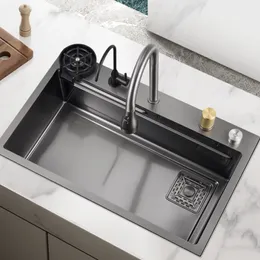 Black Grey Waterfall Nano Kitchen Sink Wash Basin Single Bowl Topmount Undermount Kitchen Sink Faucet Drain Kitchen Sink