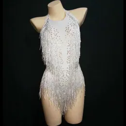 Stage Wear Sparkly Rhinestones White Tassel Bodysuit Women Sexy Club Outfit Fringe Dance Costume One-piece Show Singer Leotard235P