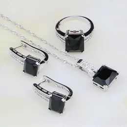 Wedding Jewelry Sets 925 Silver Black Stones White Cubic Zirconia Costume For Women Anniversary Earrings Ring Pendant Necklace 230729
