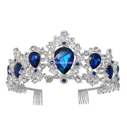 Hair Clips & Barrettes Baroque Royal Queen Gold Wedding Crown Crystal Princess Tiara Headbands Blue Dropship232b