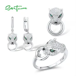 Wedding Jewelry Sets SANTUZZA 925 Sterling Silver Set For Women White CZ Green Eyes Ring Earrings Pendant Leopard Fine 230729