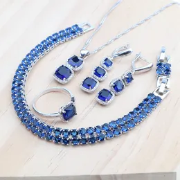 Bröllop smyckesuppsättningar 925 silver för kvinnor brudörhängen blå zirkonhalsband hänge stenar armband set 230729
