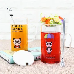 Vinglas 2023 Kawaii Cartoon Panda Glass Cup Högkvalitativ kaffekoppar Frukost med lock Sked Fruktsaftmuggar för älskare barn