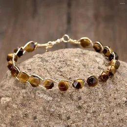 Bangle 6mm Natural Yellow Tiger Eyes Stone Copper Wire Handgjorda vävda armband Kvinnor Läker yoga Spirituella armband