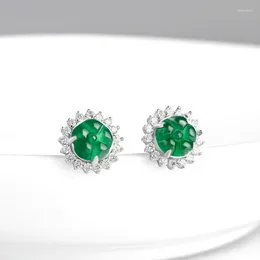 Stud Earrings S925 Silver Inlaid Natural A Goods Jade Sun Green Petals Pure Jadeite Stone High Grade Fashion Women 's Jewelry