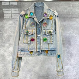 Herrjackor Europe Station 2023 Autumn Heavy Industry Design Sense Water Diamond Nail Beads Slim Cortile Short Jean Jacket Kvinna