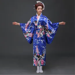 Blue Japanese National Women Silk Kimono Yukata With Obi Novelty Evening Dress Cosplay&Halloween Costume Floral One Size JK068275s