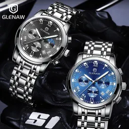 Wristwatches GLENAW Mens Watch Fashion Quartz Watch Waterproof Nightlight Calendar Multi functional Chronograph Steel Band WatchBox 230729