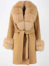 女性の毛皮のフェイクファーoftbuy 2023新しいファッション冬ジャケット女性リアルファーコートナチュラルウールブレンドカシミアダブル胸肉ベルトオーバーコートストリートウェアHKD230727