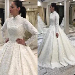 Dubai Arabic Muslim High Neck Ball Gown Wedding Dresses 2020 Lång ärmpärlor Pastar Brudklänningar Court Train Vestidos de Novia A1804