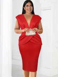Plus Size Dresses ONTINVA V Neck For Women Red Backless Empire Folds Package Hip Evening Party Cocktail Curvy Midi Outfits 4XL