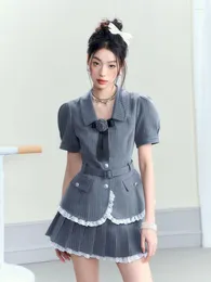 Two Piece Dress Insozkdg Summer Suit College Style Stripe Bubble Sleeve Lace Waist Collection Patchwork Top Pleated Short Skirt Two-piece