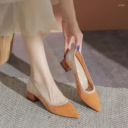 Dress Shoes Spring Women Knited Breathe Weave 2023 High Thick Heels Pointed Toe Shallow Mouth Walking Female Slip On Pumps