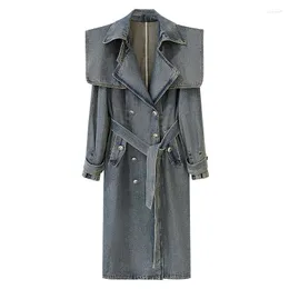 Women's Trench Coats Long Denim Coat High-end Double Breasted With Belt Overcoat Turn-down Collar