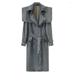 Trench da donna Cappotto lungo in denim Doppio petto di fascia alta con soprabito a cintura Colletto rovesciato