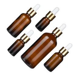 Förpackningsflaskor 5-100 ml Amber Glass Tom droppflaska Essential Oil per vätska med Rose Gold Cap Eye Drop Delivery Office School B OTG2T